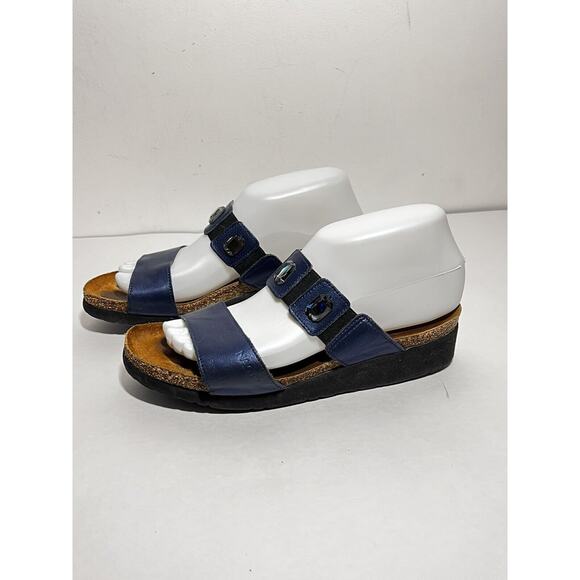Naot EUC Blue Leather 2 Strap Jewel Accent Slip On Sandal Shoe 38 EU 7 US - Picture 1 of 6